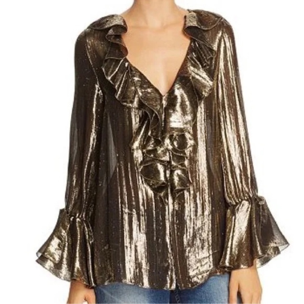 ALICE + OLIVIA Elliot Ruffle Blouse Metallic Gold Ruffle Top - Picture 3 of 12